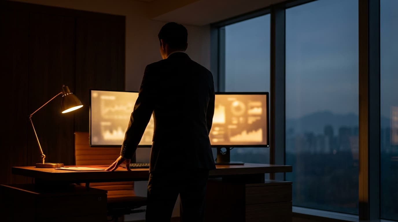 A software engineer reviewing dashboards at dusk in a Cape Town office
