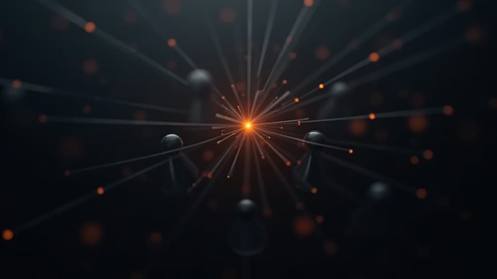 Abstract dark visual of one glowing orange node connected to muted grey nodes
