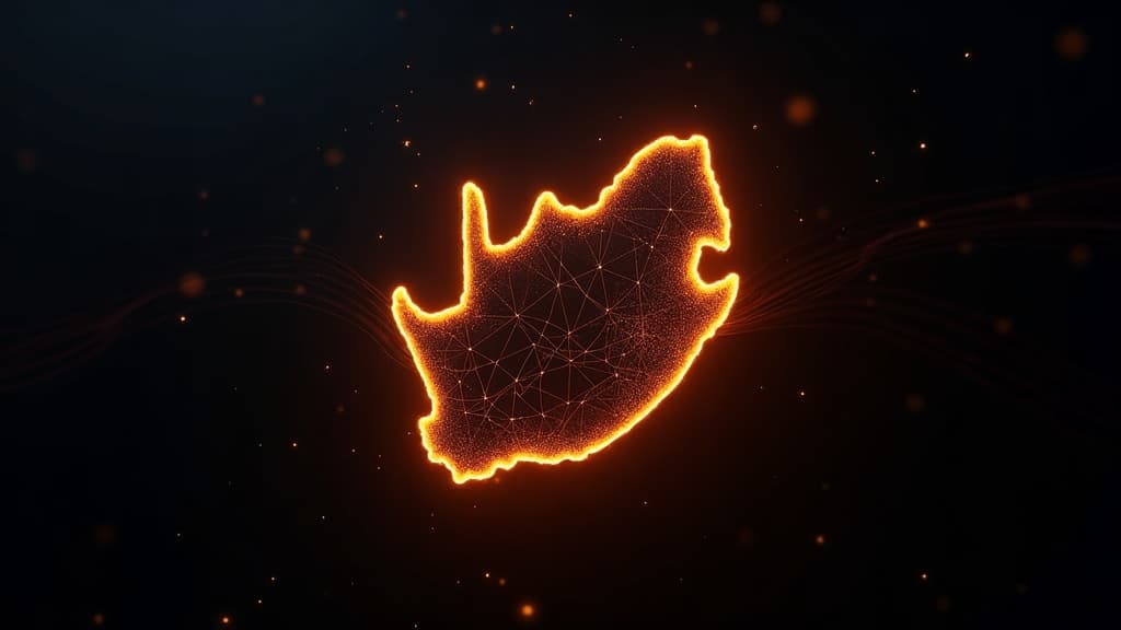Abstract dark wireframe map of South Africa with orange data lines crossing a border